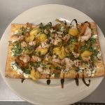 Sweet Potato Flatbread with Grilled Chicken, Basil, Tomatoes, Arugula ans A Garlic Cream Sauce