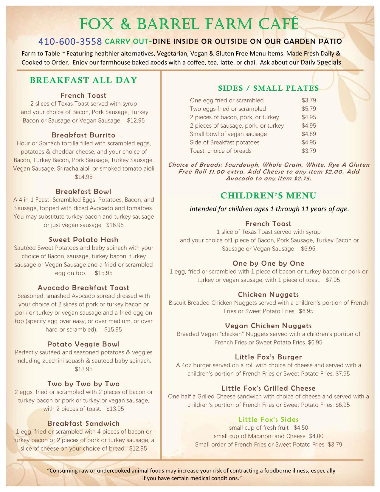 All day breakfast and childrens menu 10.11.24